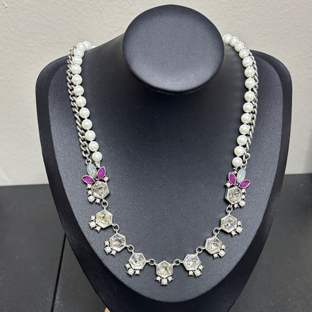 Loft Princess Rhinestone Pearl Silver Tone Purple White Necklace Statement